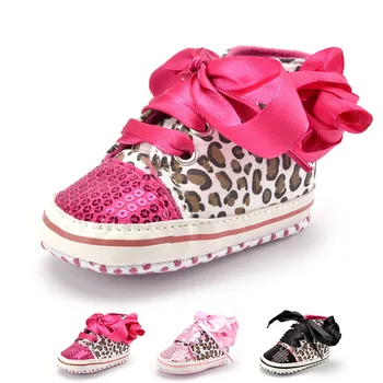 

0-12M Baby Prewalker Newborn Girl Leopard Printed Sequin Sneaker Toddler Kids Non-Slip Lace Up Walking Shoes M09