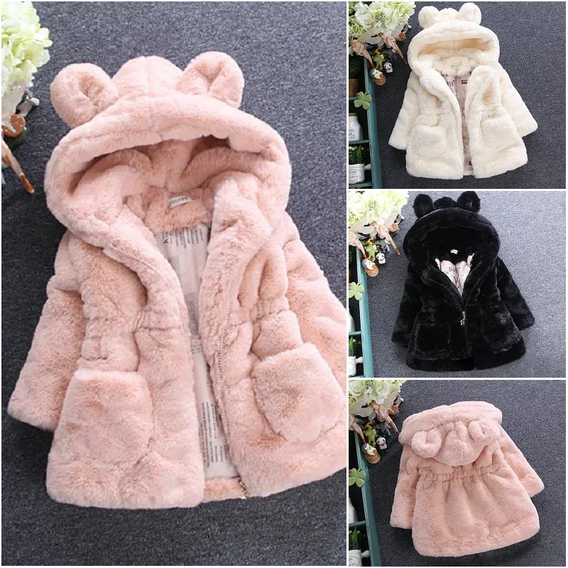 

Baby Girls Winter Jackets Warm Faux Fur Fleece Coat Children Jacket Rabbit Ear Hooded Outerwear Kids Jacket for Girls Clothing