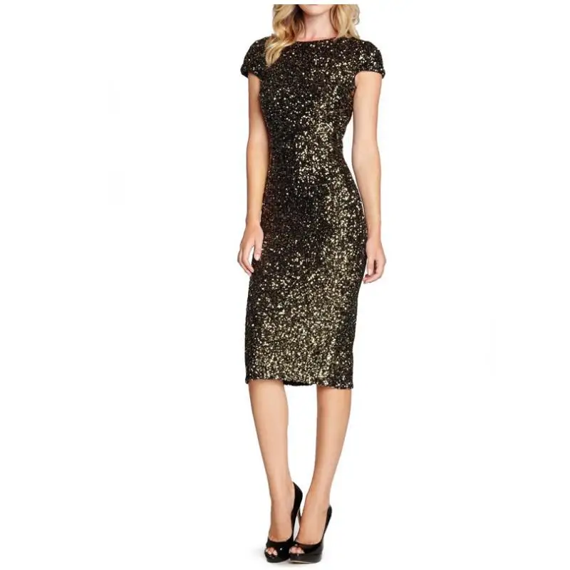 

Gold O Neck Party Maxi Dresses Bodycon Glitter Hollow Out Short Sleeve Elegant Evening Club After Making Up Fork Dress G26