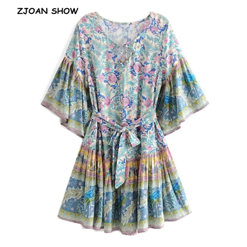 

2019 New Women Bohemian Bell Lace up V neck Peacock Floral Print Mini Dress Ethnic Bow Tide Sashes Short Dresses Femme Vestido