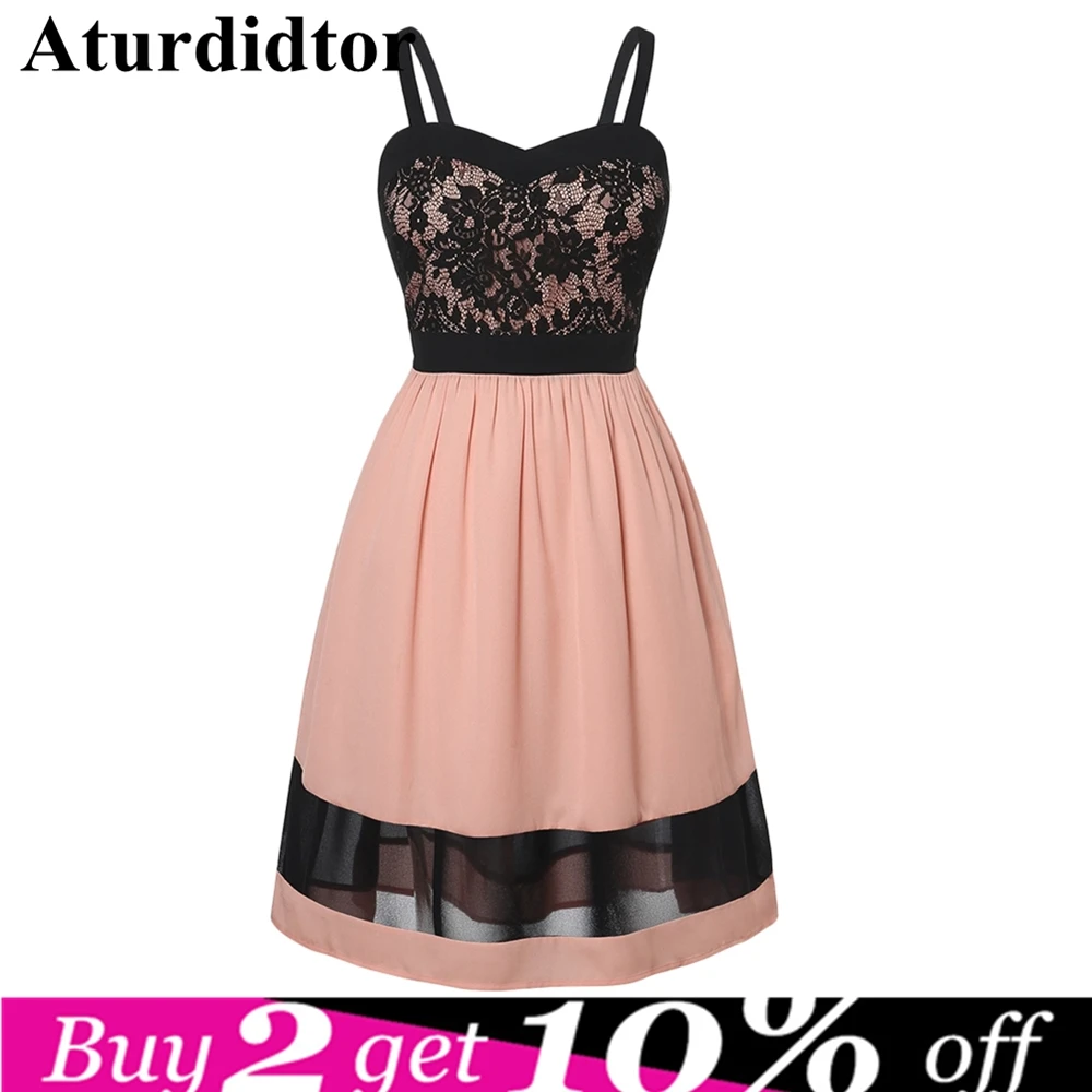 

Plus Size 5XL Women Vintage A Line Lace Insert Color Block Dress Spring Summer Spaghetti Strap Retro Party Vestido Robe Femme