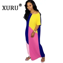 XURU new hot women's loose contrast color dress fashion casual sexy print stitching long dress color contrast open back casual dress