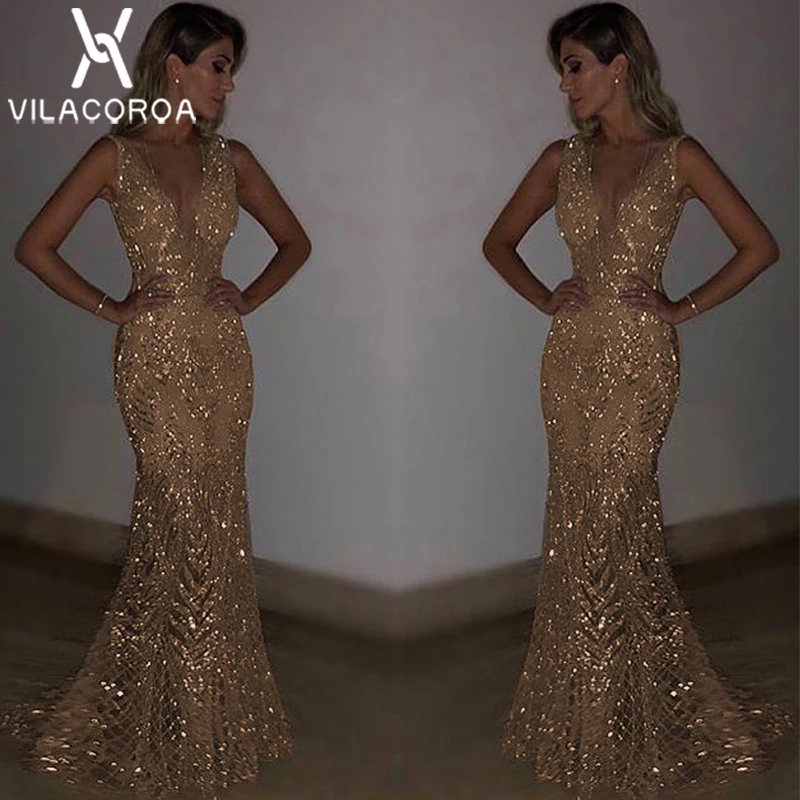 

NEW Strap Gold Long Dress Women Modis Sexy Silver V-Neck Dress Solid Sleeveless Sequin Party Dress vestidos vestidos de fiesta