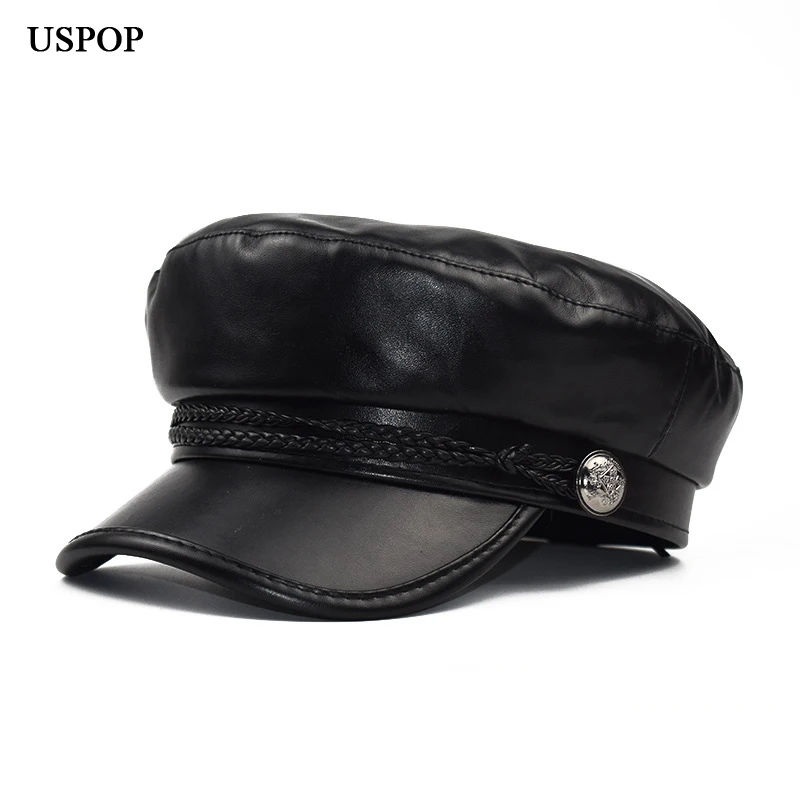 

USPOP 2019 New women newsboy caps fashion black PU newsboy cap flat top visor caps Military cap