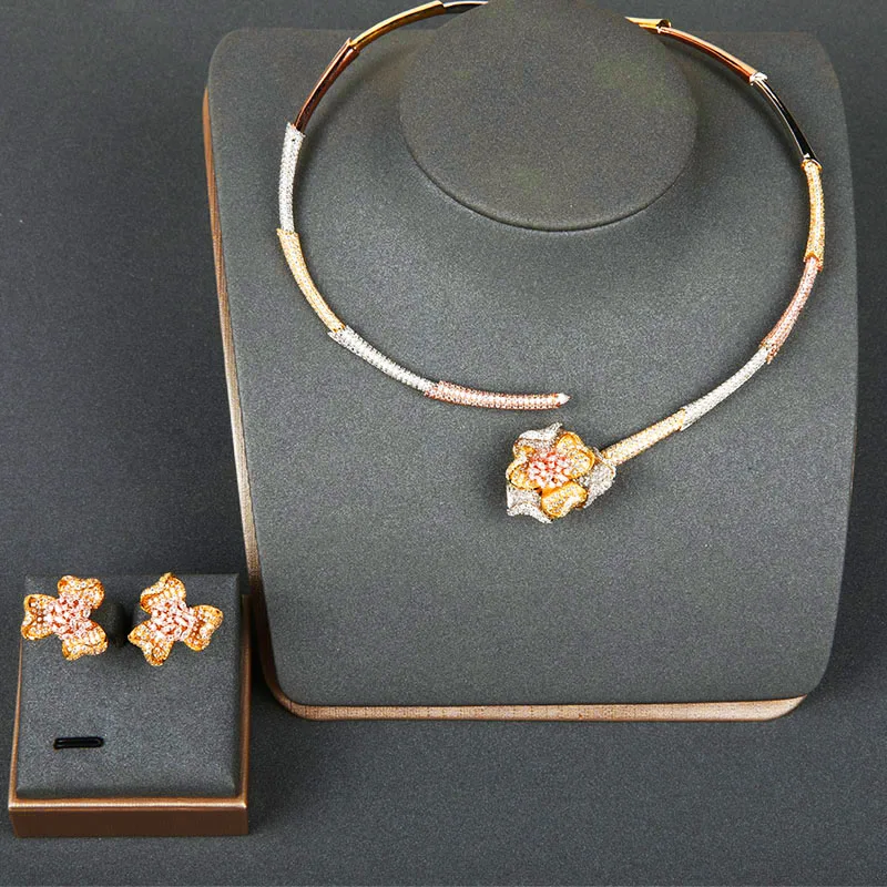 

Dazz Luxury Leaf Flower Zircon Wedding Jewelry Sets Copper Necklace Earrings Set Women Bride Banquet Dubai Accessories 2019 Gift