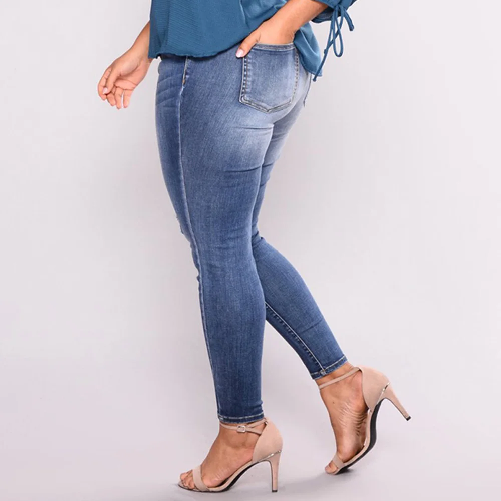 Joineles, модные синие женские джинсы размера плюс, 7XL, высокая талия, карманы, повседневные рваные джинсы, обтягивающие, уличная одежда, хлопковые женские джинсы