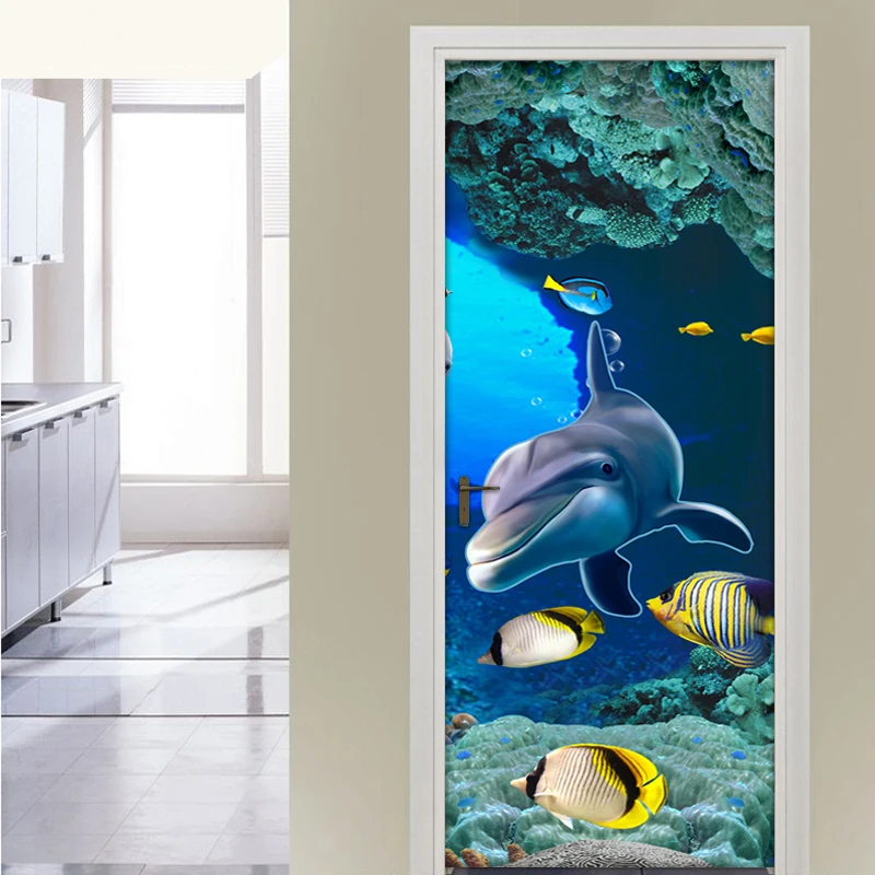Undersea World Dolphin 3D Door Sticker Wall Mural PVC Waterproof Self adhesive Bathroom Children ...