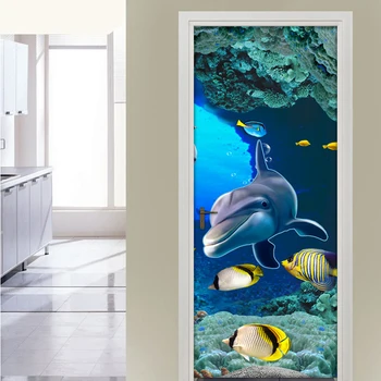 

Undersea World Dolphin 3D Door Sticker Wall Mural PVC Waterproof Self-adhesive Bathroom Children Room Bedroom DIY Door Wallpaper