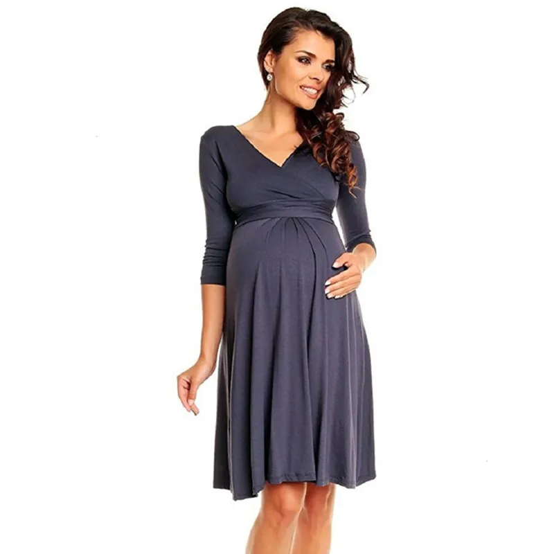 

2018 Spring Summer Pregnancy Clothes Dress Deep V Neck Three Quarter Sleeve Maternity Dresses for Plus Size Women