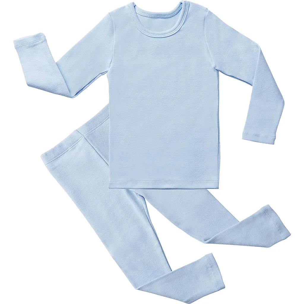 Однотонные топы с длинными рукавами для маленьких мальчиков и девочек+ штаны, пижамы, одежда для сна комплект нижнего белья для малышей Летний Тонкий Детский костюм - Цвет: Синий