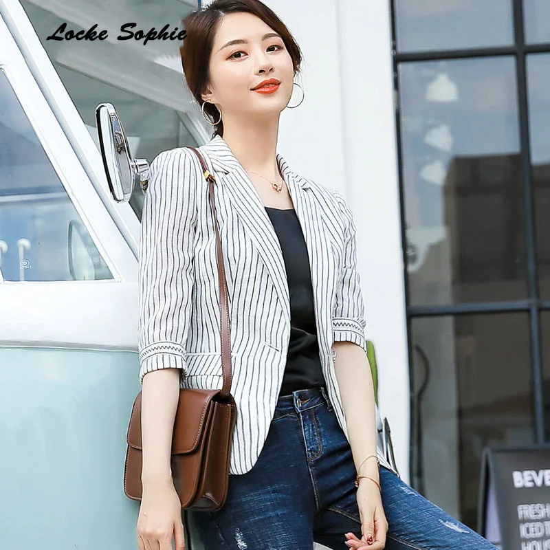 Women's Plus size Slim fit Blazers coats 2019 Summer cotton blend stripe Small Suits jackets ladies Skinny Blazers Suits coats