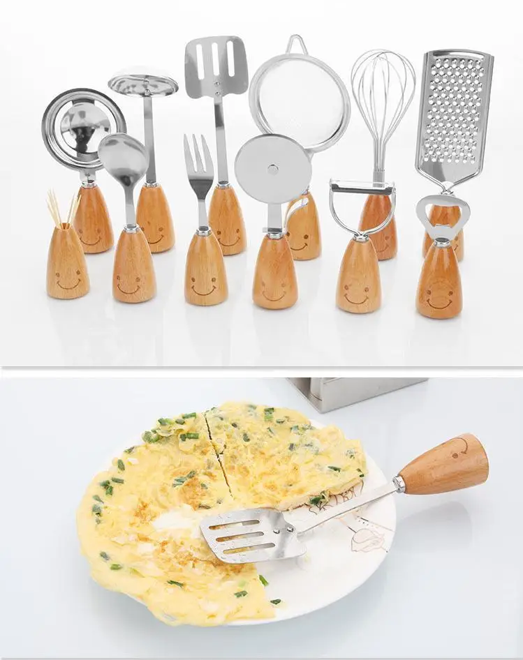 12 Pieces Stainless Steel Smiling Face Wooden Handle Cooking Tools Kitchen Utensils Set