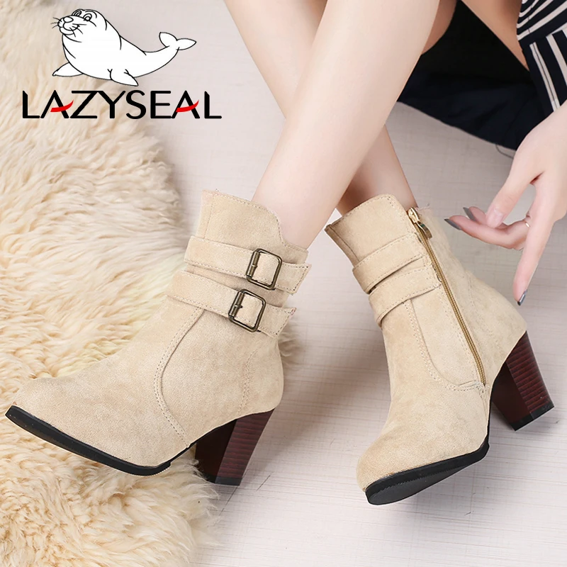

LazySeal Zipper Flock Mid-calf Boot heels Women Winter Shoes New High Heels Women Boots Shoes Round Toe Womens Platform Booties