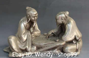 

Chinese Silver Handwork Carving Two Old Man Statue Play Chess Tournament Statue Garden Decoration Brass Bronze