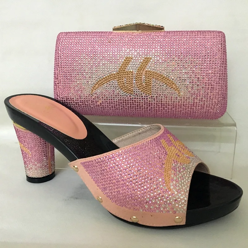 New Arrival Pink Color Shoes and Bag Set Decorated with Crystal High