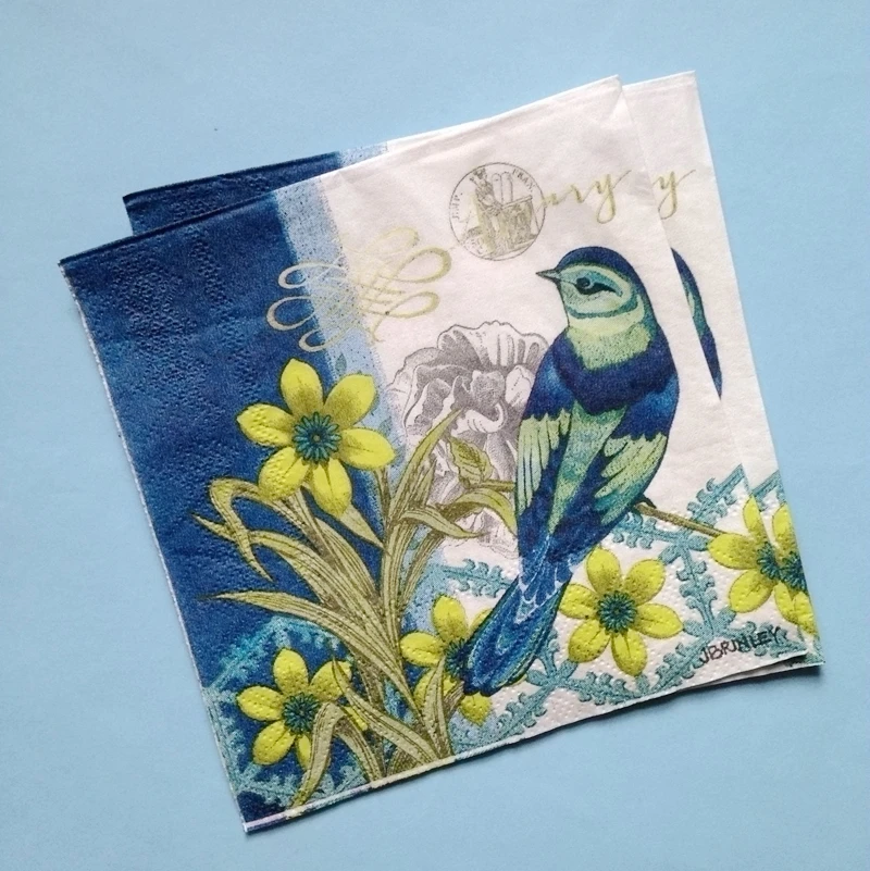 Cocktail Napkins 25x25cm 3 ply blue bird paper napkins for new year printed paper serviettes
