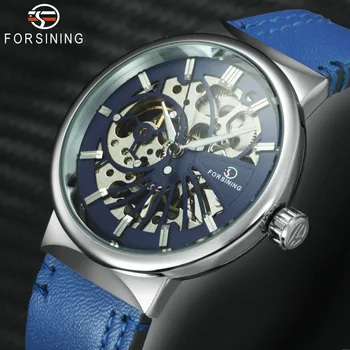 

FORSINING Fashion Dress Mechanical Watch Men Blue Leather Strap Ultra Thin Skeleton Dial Royal Mens Watches Top Brand Luxury