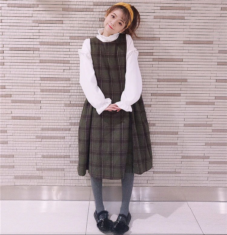 Японский консервативный осенне-зимний женский теплый клетчатый сарафан размера плюс, винтажное длинное платье без рукавов, элегантное шерстяное платье средней длины на бретелях для девочек