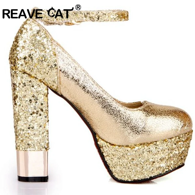 REAVE CAT/пикантные вечерние туфли на высоком каблуке; сезон весна-лето; цвет золотой, серебряный; обувь из толстой лакированной кожи со стразами на платформе; большие размеры 32-42; RL1190