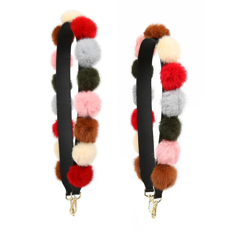 Color Fur Hairball Bag Straps Women Handbag Short Handles Leather Straps For Handbags Correa Para Bolso Bag Accessories Belts