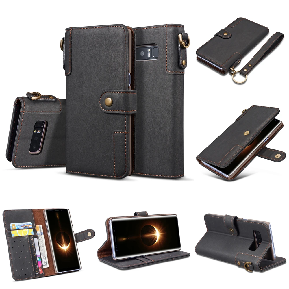 

Cow Split Leather Case for Samsung S10e S10 S9 S8 Plus Note 9 8 S7 Edge Wallet Card Stand Flip Cover with Lanyard Business Bag