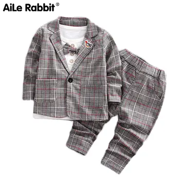 

AiLe Rabbit 2018 Boys Fashion Gentleman Bow Suit Set Jacket t-shirt pants plaid 3 Piece Set Autumn new children's long-sleeved