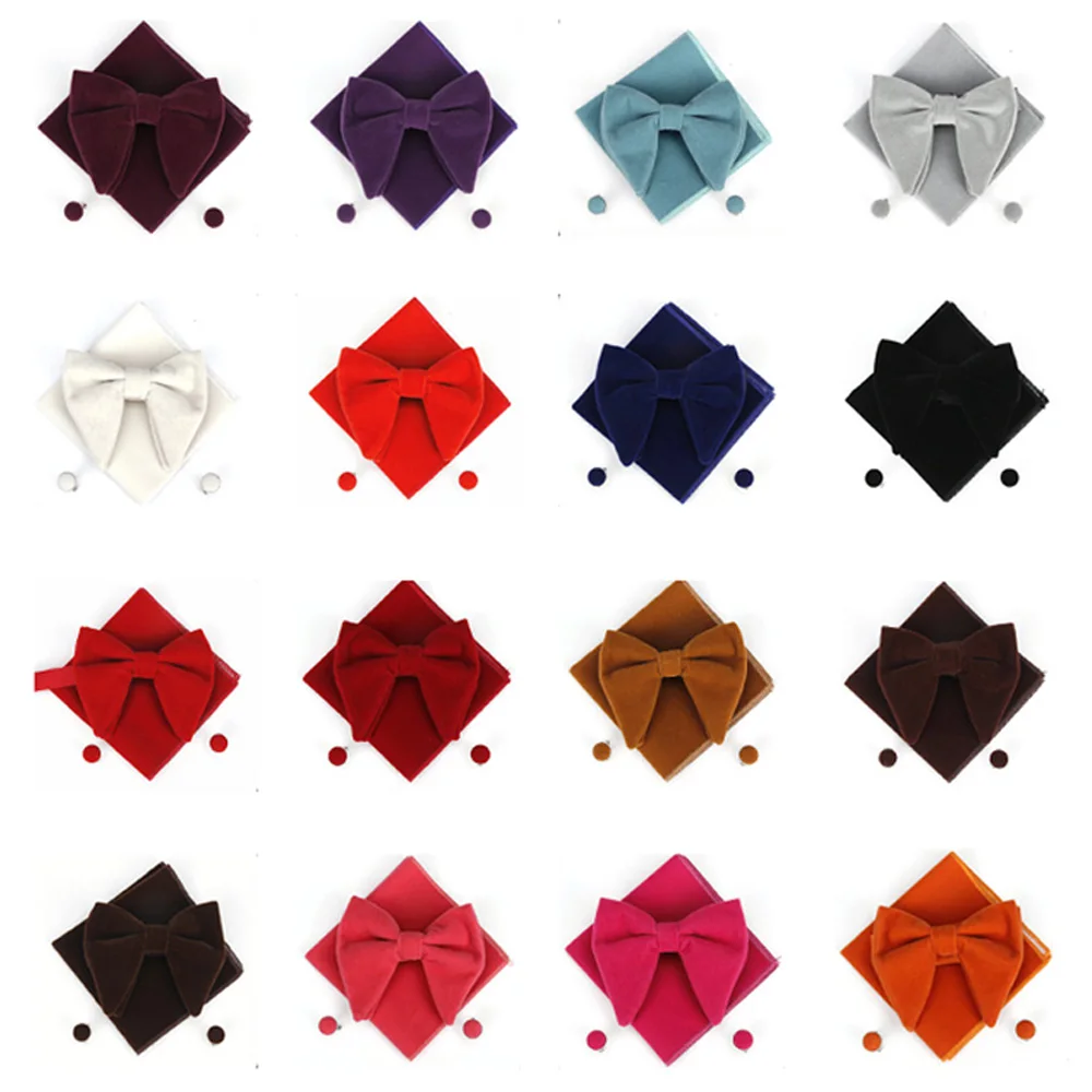 

Men Velvet Oversized Bow Tie Pocket Square Cufflinks Set Bowtie Hanky Cuff Links YFTIE0503