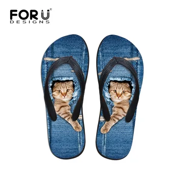 

FORUDESIGNS Hot Men's Flip Flops Cute Denim Animals Cat Printed Men Slippers Summer Male Fashion Beach Soft Rubber Sandals Shoes