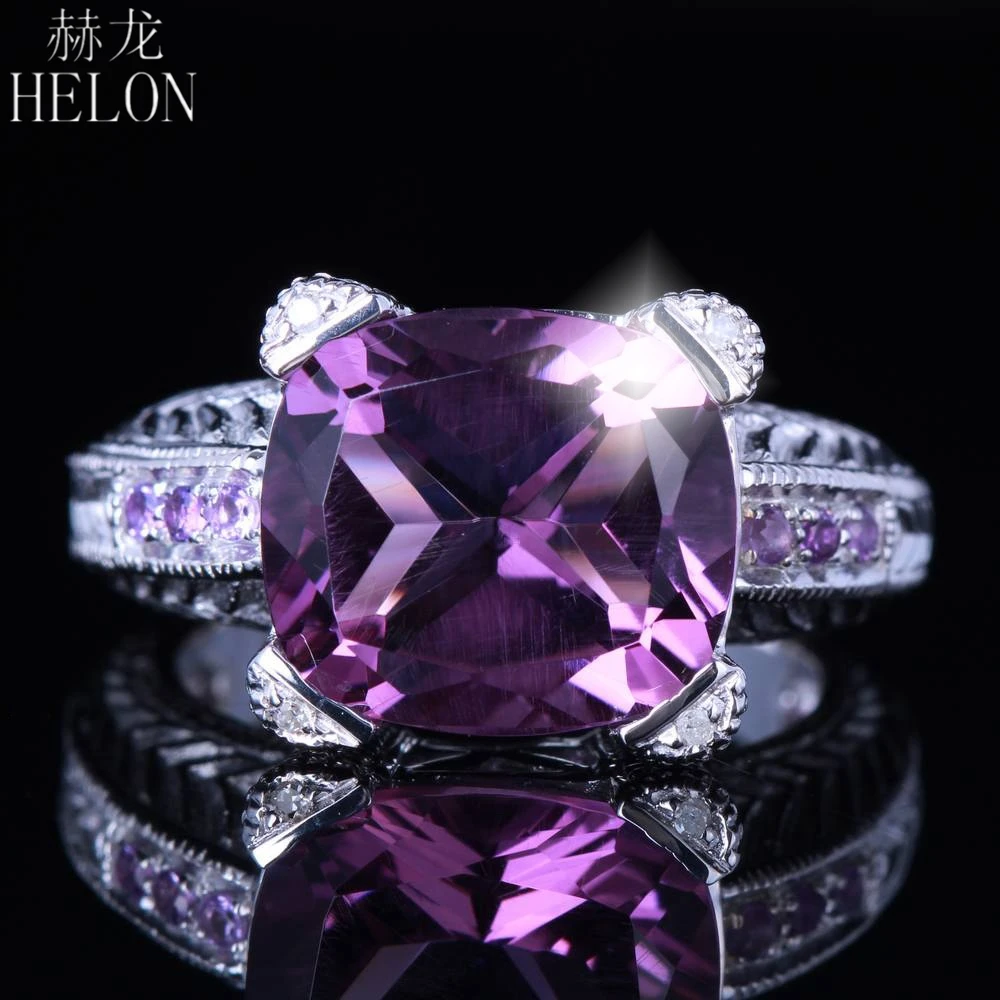 

HELON Flawless 12MM Cushion 6CT Genuine Amethyst Trendy Jewelry Ring Natural Diamonds Solid 10K White Gold Art Deco Vintage Ring