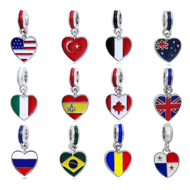 2018 New 12 Country National Flag Hanging Silver Bead Charms Fits European Pandora Charm