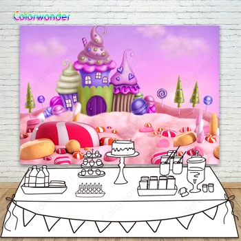 

Fairy Tale World Photography Background Candu Castle with Spun Sugar Road 7x5ft Purple Sweet Candy World Backdrops for Children