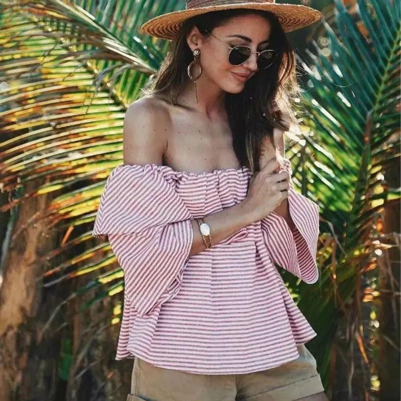 Ahmagen Sexy Off Shoulder Ruffle Striped Blouse Shirt Women Tops Summer 2017 Slash Neck Short Sleeve Blouses Blusas Plus Size02