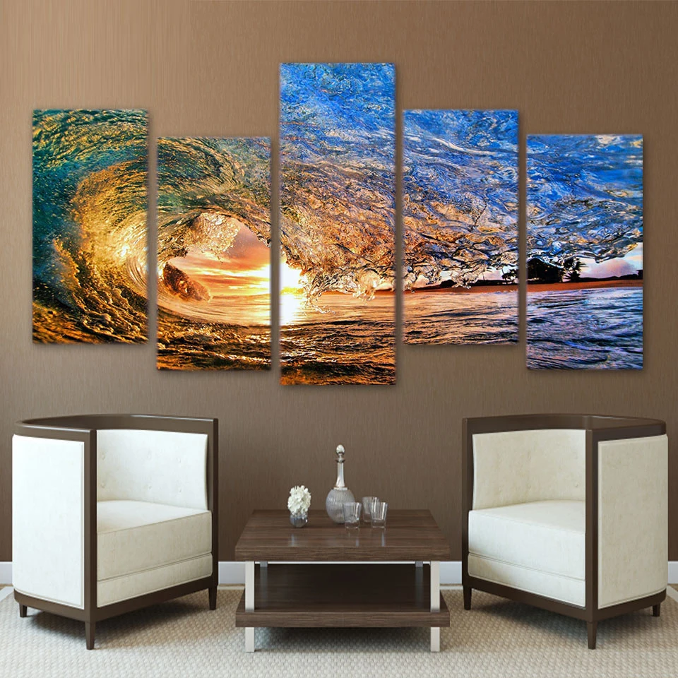 HD printed 5 piece canvas art ocean wave painting living