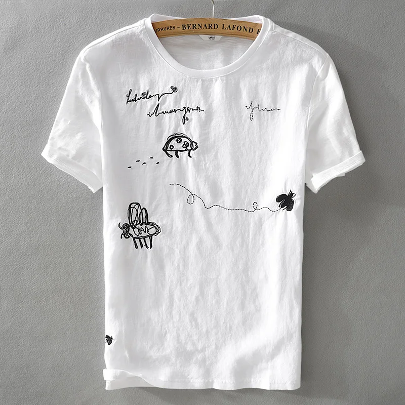 

Summer cool new linen short-sleeved t-shirt exquisite trend male loose embroidery pattern stitching t shirt camisetas hombre