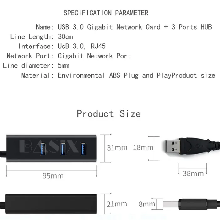 Basix Usb Ethernet USB к RJ45 Lan сетевой карты USB3.0 концентратора 3 Порты и разъёмы 10/100/1000 Мбит/с Gigabit ethernet-адаптер для Windows для ноутбука