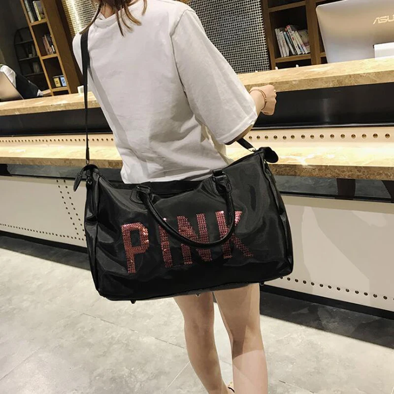 

New Fashion Waterproof Men Weekend Outdoor Travel Bag Nylon Pink Sequins Hand Luggage Bag Women Yoga Fitness Bag