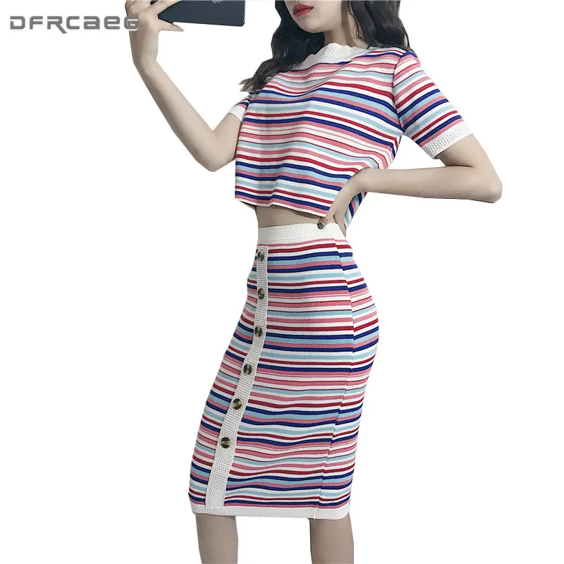 Knitted 2 Piece Outfit Set Summer Striped Print Crop Tops And Skirts High Waist Knit Two Piece Long Sleeve Casual Clothing Suit