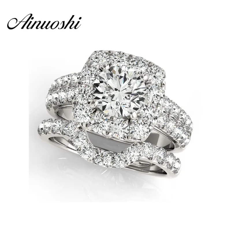 AINUOSHI 925 серебро белого золота цвет Женское Обручальное кольцо наборы 1ct круглый вырез 4 зубца обручальные свадебные кольца ювелирные изделия