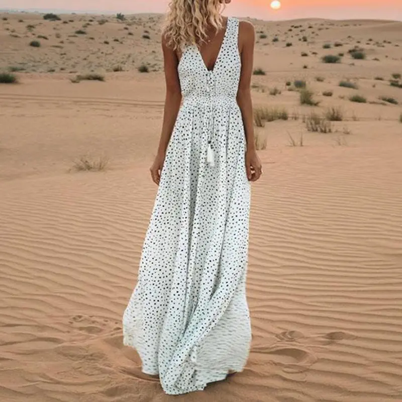 

White Polka Dot Maxi Dress Elegant Vintage Fashion Women Sleeveless Lace Up Summer 2019 Sexy Deep V Boho Big Swing Long Dresses