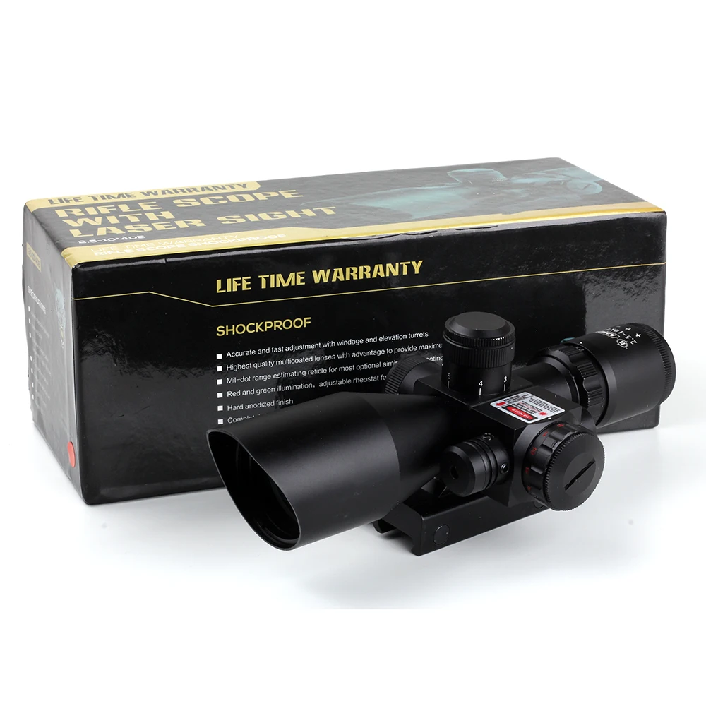 

KANDAR 2.5-10X40 Red Green Illuminate Compact Tactical Hunting Rifle Scope w/ Integrated Red Laser Sight 11mm or 20mm Mount
