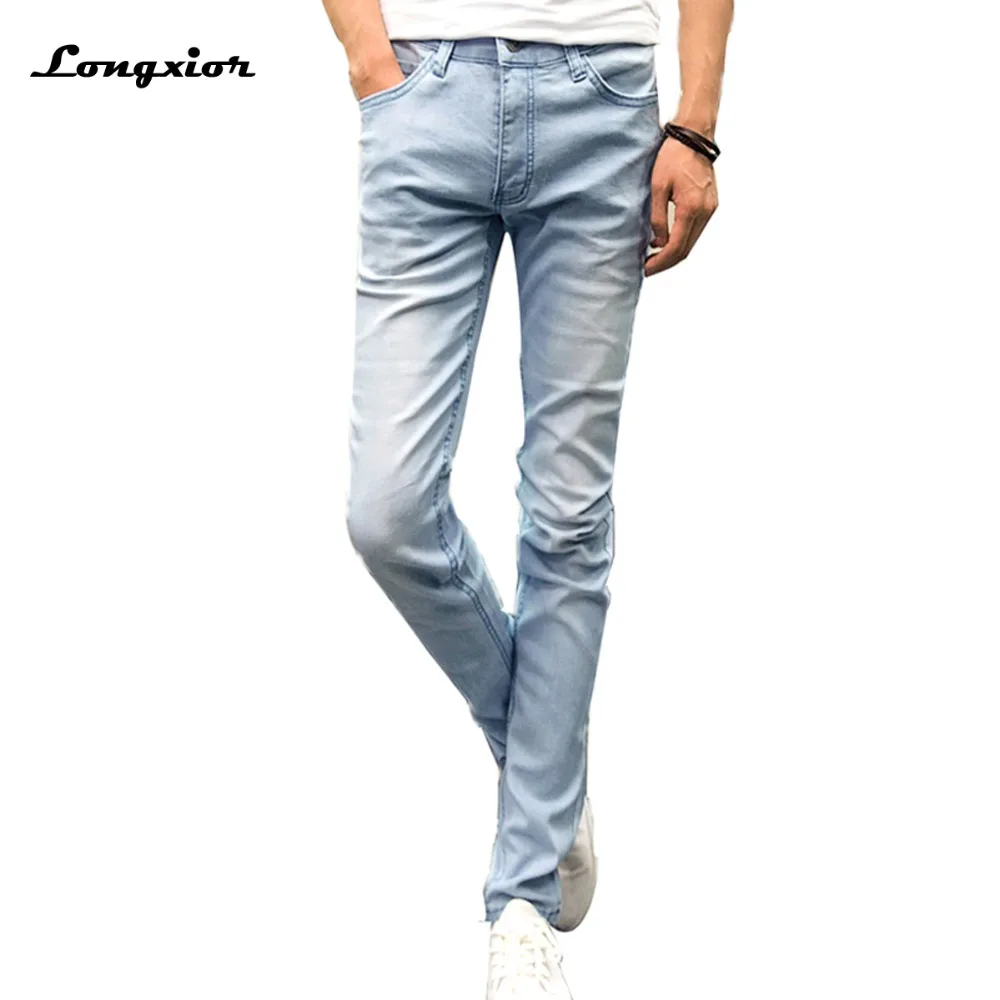 New spring fashion men jeans lightweight slim jeans full length solid