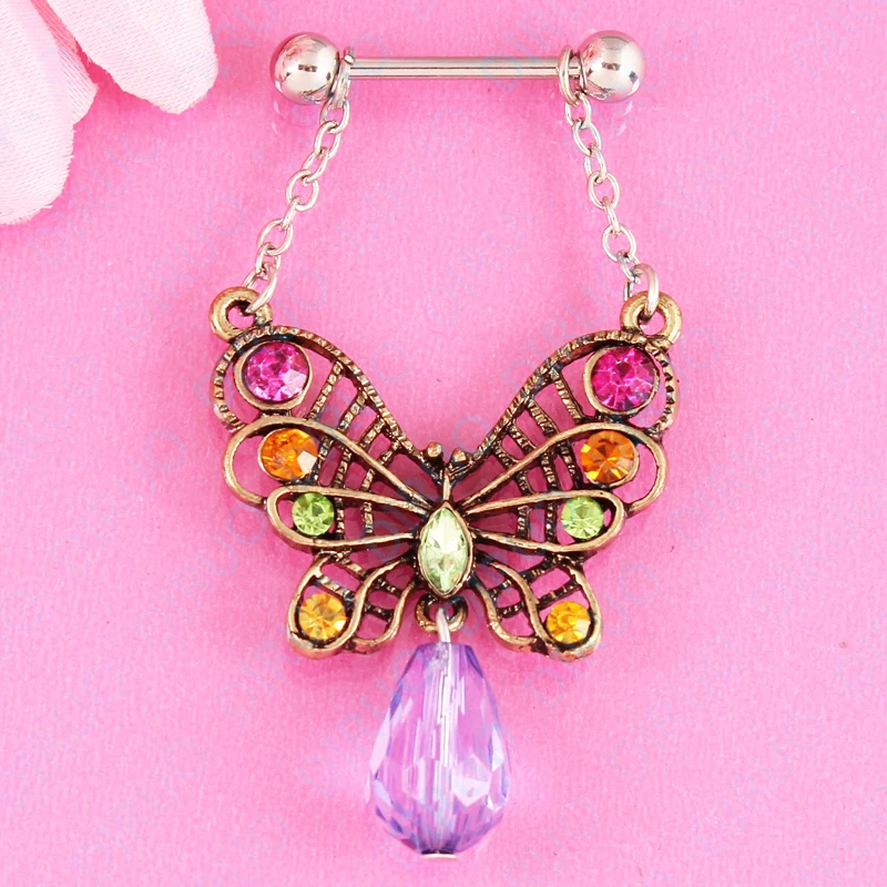 Butterfly Pendant Nipple ring body piercing jewelry Nickel free 14G 316L surgical steel pair