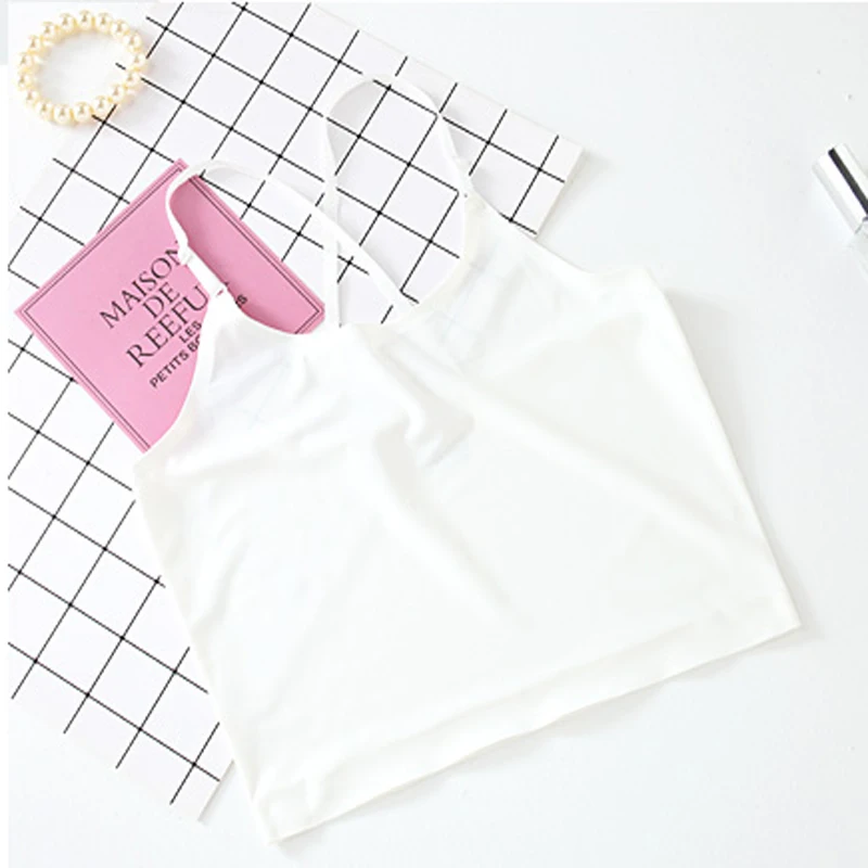 Fashion Strappy Back Women's Modal Seamless One Piece Crop Top, Ice Silk Short Camisole Lingerie Cross Crop Top Low-cut Sun-top