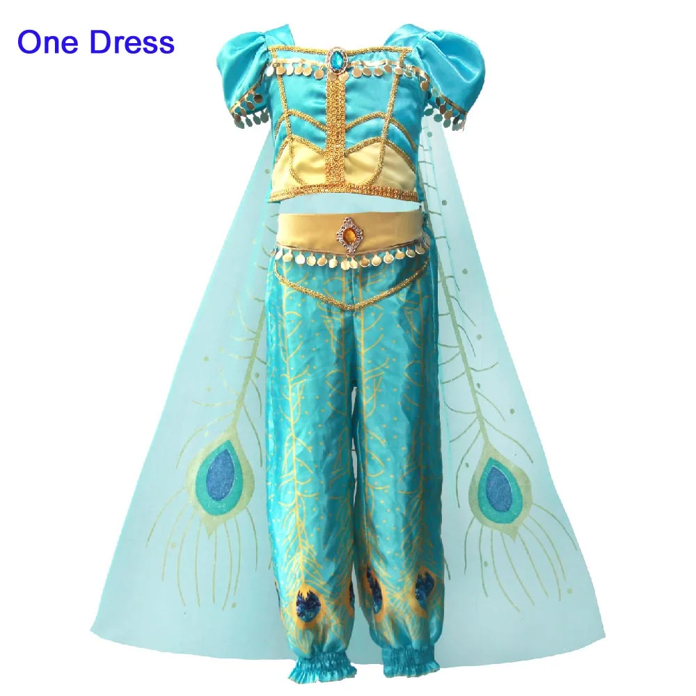 Детская Принцесса Жасмин, детское танцевальное платье, костюм на Хэллоуин, костюм Аладдин, парики, топ, юбка, комплект со штанами - Color: 1PCS Dress