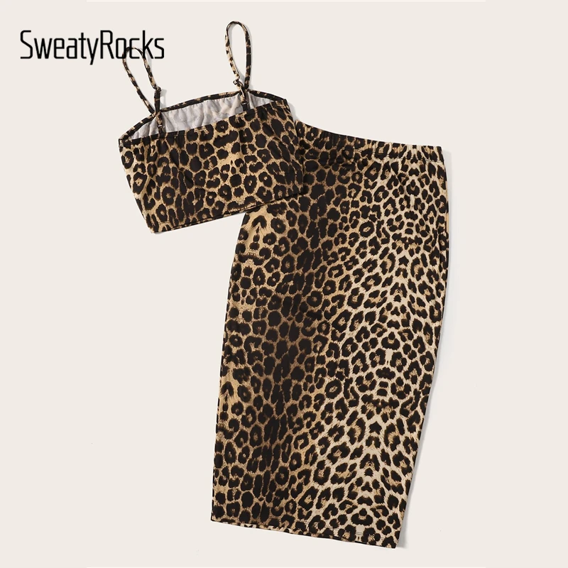SweatyRocks, Леопардовый принт, короткий топ на бретельках и комплект с юбкой в обтяжку,, летняя сексуальная одежда на бретельках, уличная одежда, комплект из двух предметов