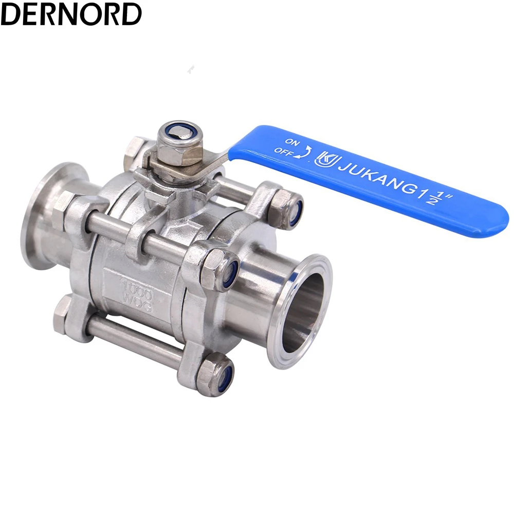 PTFE Lined 1.5 Inch Tube OD Quick Clamp DERNORD 1.5 Sanitary Ball Valve Fits 1.5 Tri-Clamp Clover Stainless Steel 304 Two Way & Three Piece 