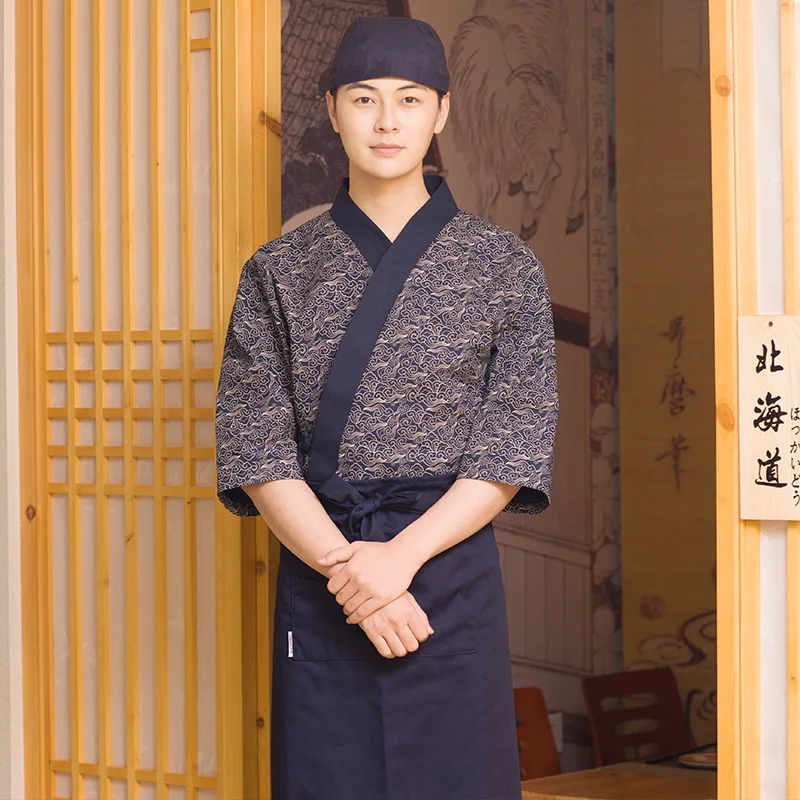

10 sets (shirt & hat & apron)Japanese Restaurant Chef work clothes Japan style clothing men's seven points sleeves M L XL