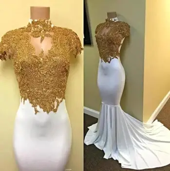 

White and Gold Mermaid Prom Gown Long Satin Appliques Beaded Wedding Party Dress