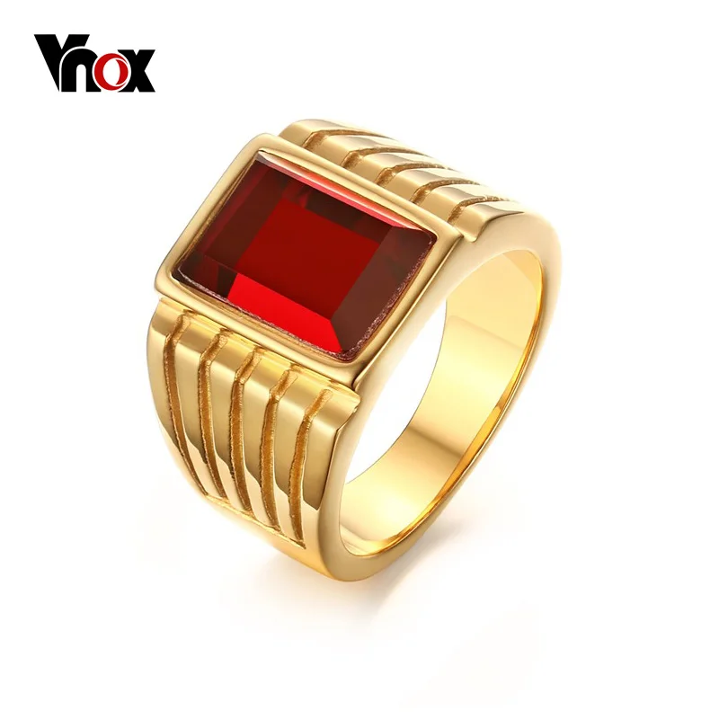 Vnox Big Red Stone Rings for Men Jewelry Cool Gold Color 316l Stainless