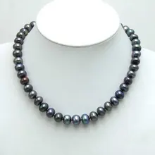 Распродажа Большой 9-10 мм пресноводный черный круглый плоский жемчуг 17 дюймов ожерелье-5357 /розничная